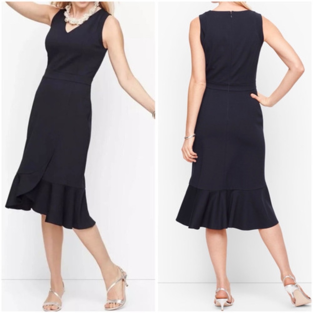 Talbots Black Ponte Flounce Hem Wrap Dress Size 8 Sleeveless Ruffle Hem NWT $139